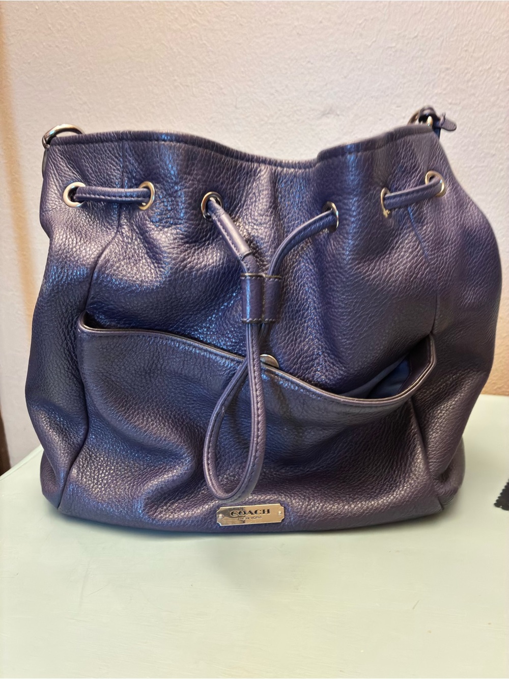 Coach Pebbled Leather Drawstring Shoulder Bag in Purple